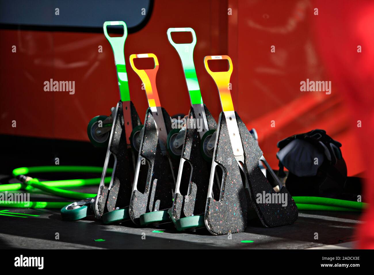 Racing car transport dollies, used to wheel a racing car to and from