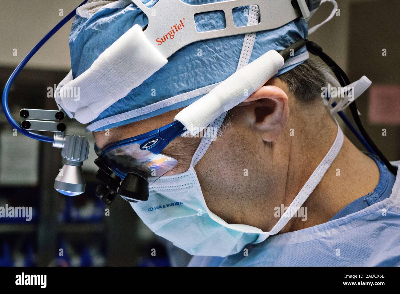 Cardiac surgeon. Heart surgeon wearing headlamp and loupes. The loupes ...