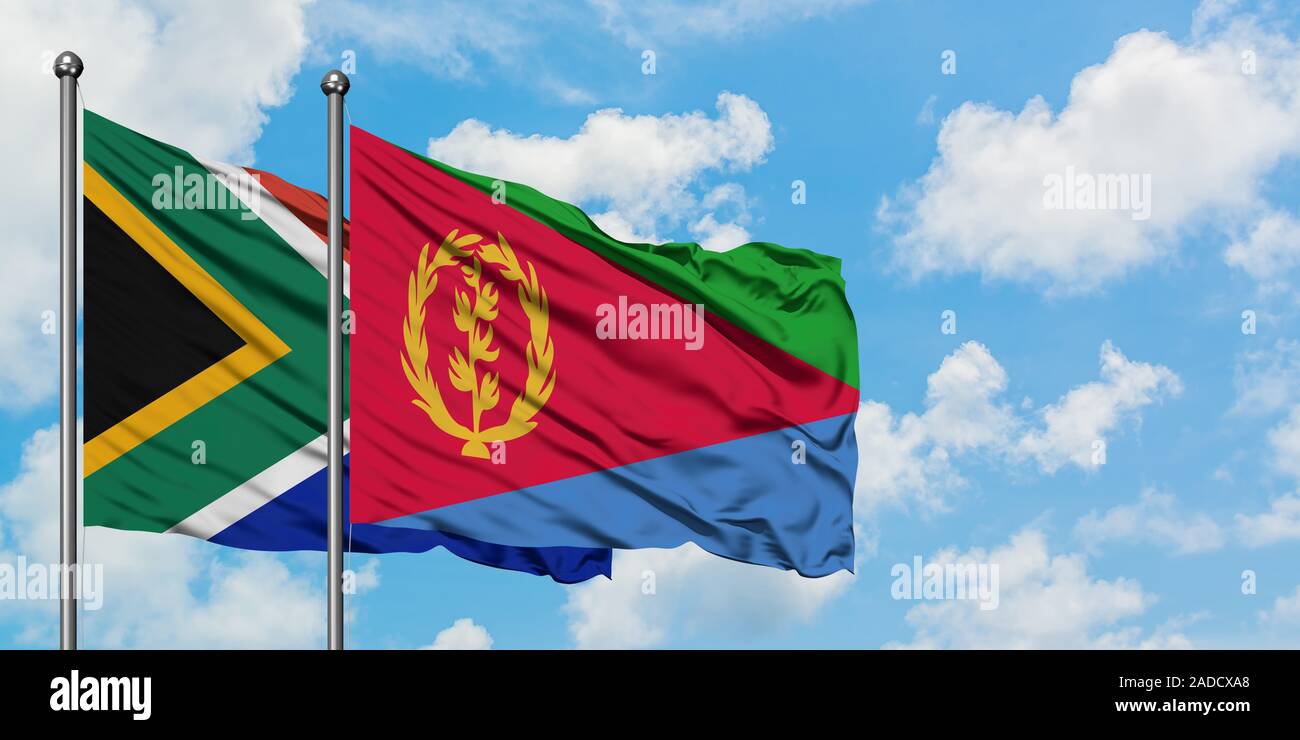 South Africa and Eritrea flag waving in the wind against white cloudy blue  sky together. Diplomacy concept, international relations Stock Photo - Alamy