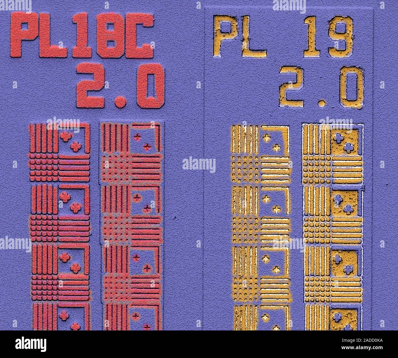 Computer chip. Coloured scanning electron micrograph (SEM) of a computer chip (microchip, microprocessor, integrated circuit) surface. Microchips are Stock Photo