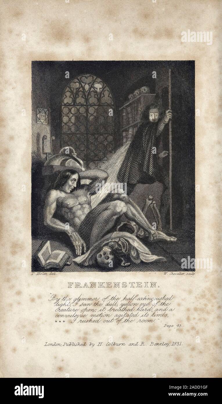Mary Shelley's 'Frankenstein', 1831 edition frontispiece. This illustration was the first visual depiction of Frankenstein and the creature he created Stock Photo