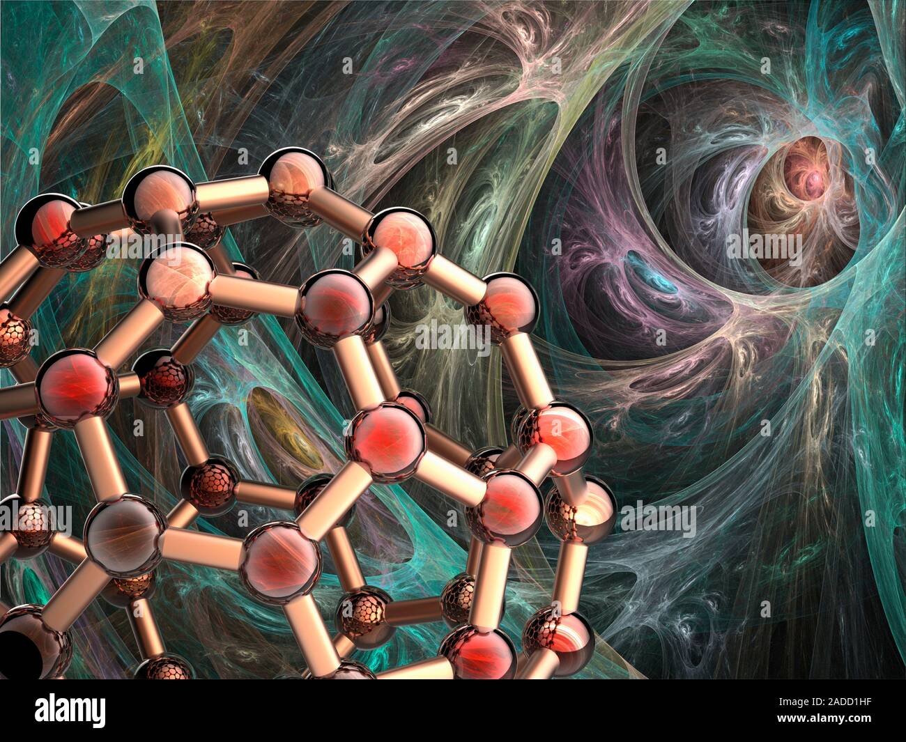 Buckyball molecule C60 close-up. Molecular model of the spherical ...