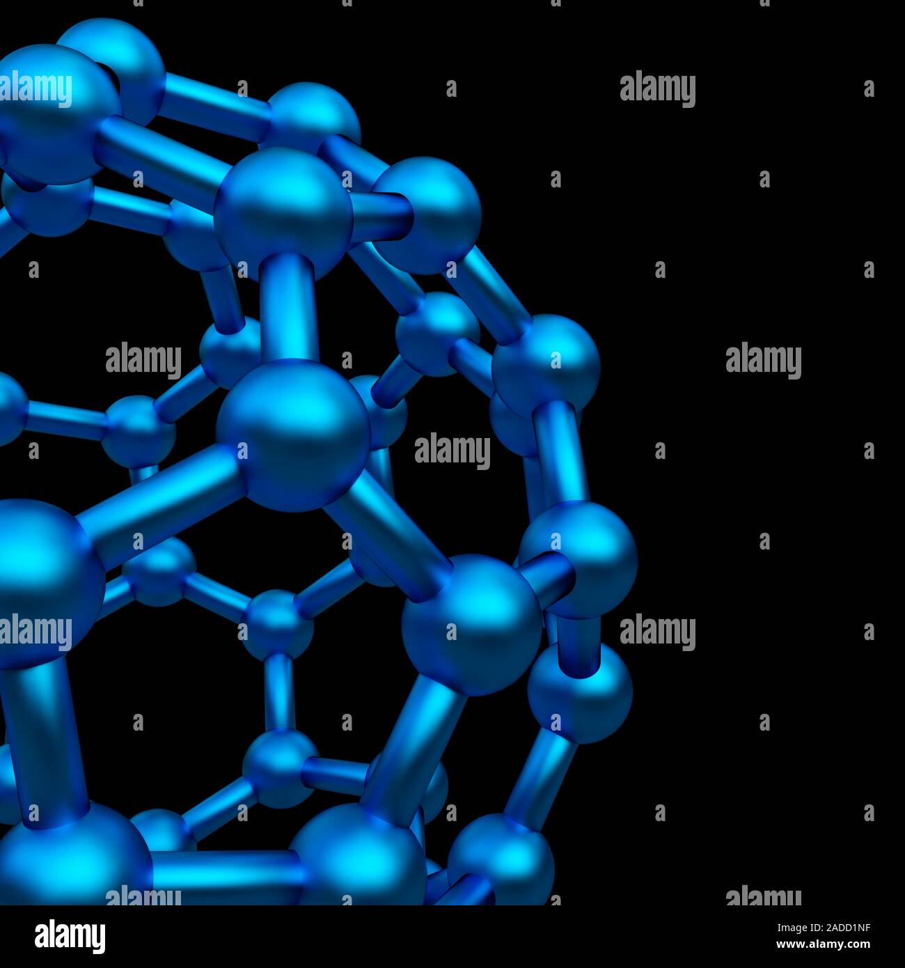 Buckyball molecule C60 detail. Molecular model of the spherical ...