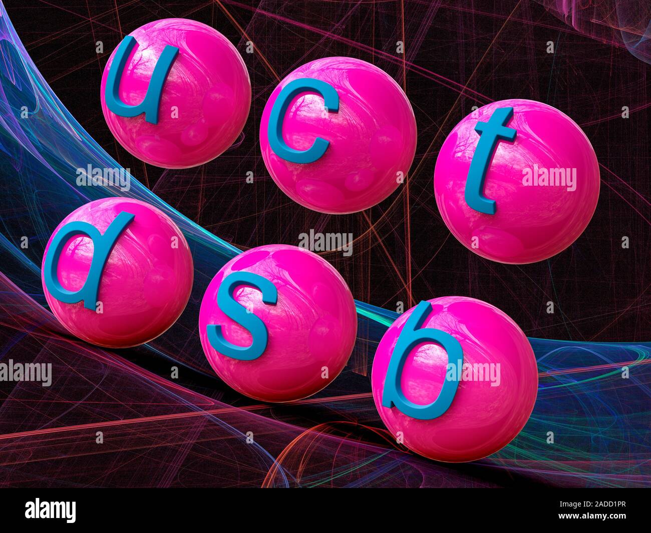 Quarks. Computer illustration of the six types (or flavours) of quark