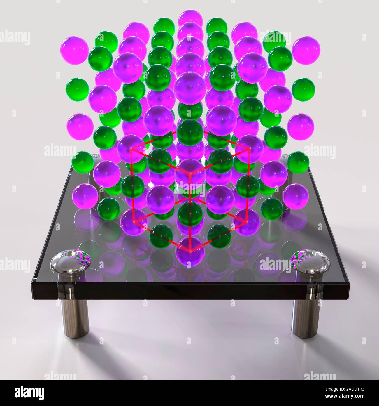 Sodium chloride crystal, molecular model. Sodium chloride is common