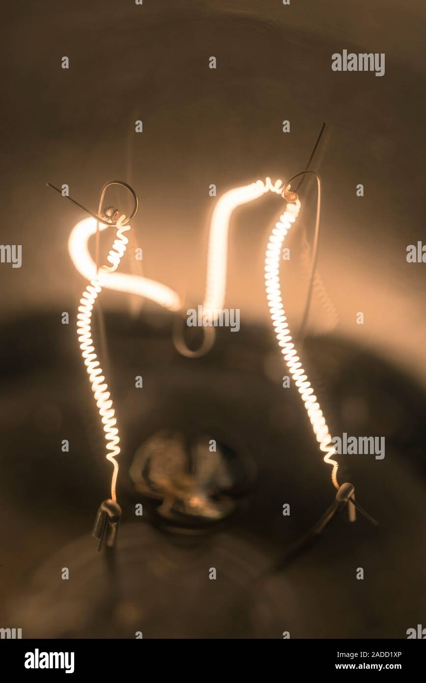 Light bulb's tungsten filament glowing as it is heated by the electric