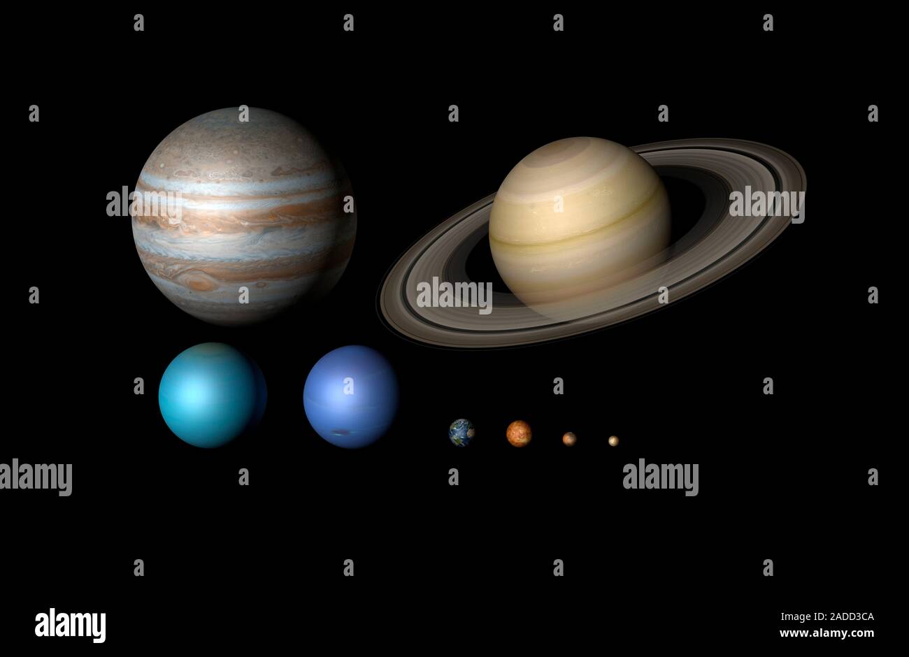 Planetary size comparison illustration of the eight planets that form