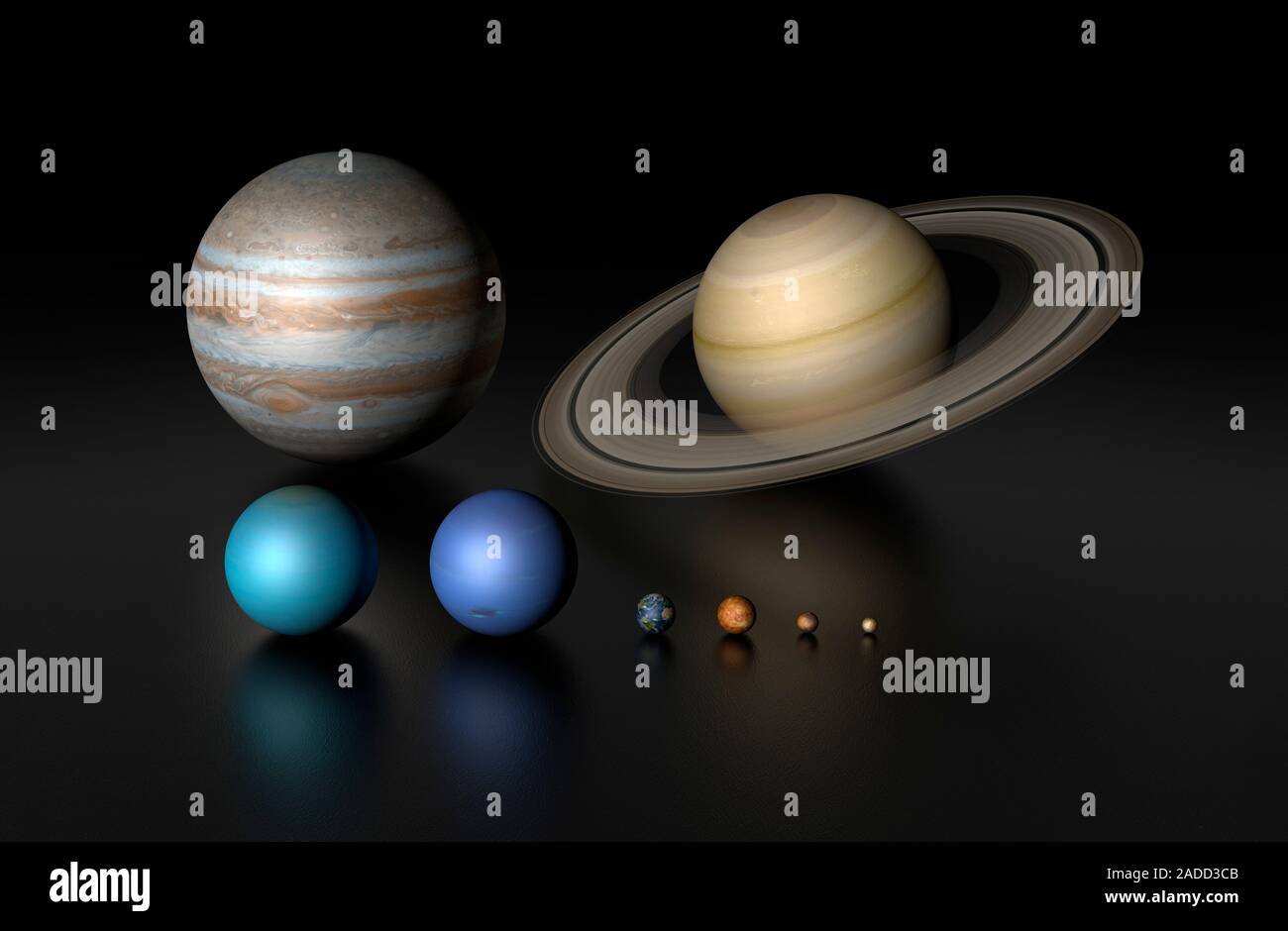 Planetary size comparison illustration of the eight planets that form
