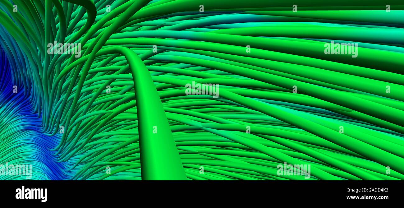 Diffusion tensor imaging (DTI) scan. A close-up look into the reconstructed white matter fibres of the brain. DTI offers a non-invasive look into how Stock Photo
