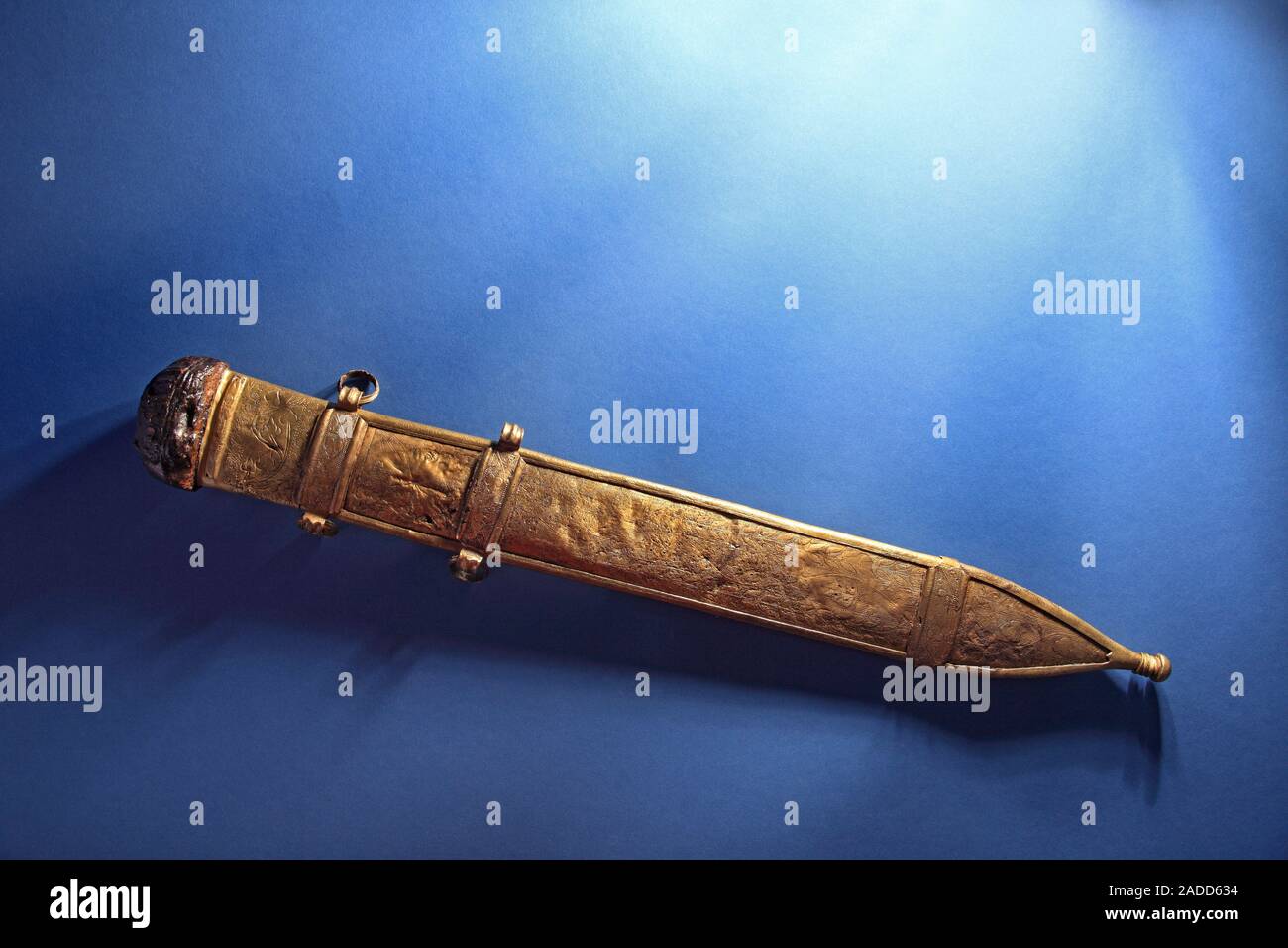 Roman bronze sword. Ancient Roman engraved bronze gladius hispaniensis sword. This artefact was found in the Rhone at Arles, France, and is one of the Stock Photo -