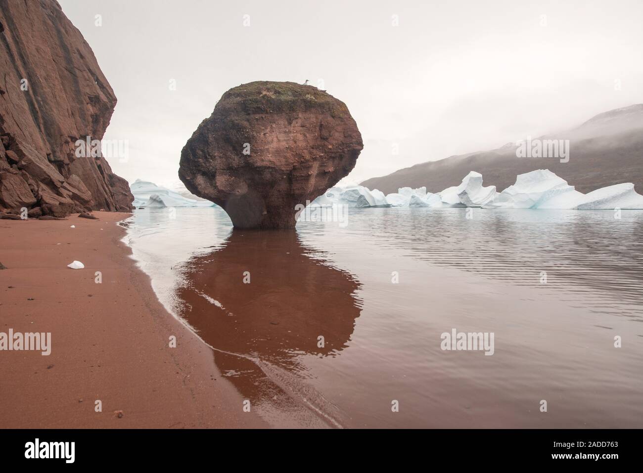Mushroom pillar of Permian red sedimentary rock in Rode Fjord, Eastern ...