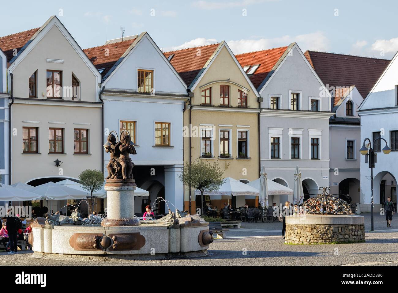 Zilina, Slovakia, April 30, 2016 - View of Marianske Square with burgher houses in Zilina, Slovakia. Stock Photo