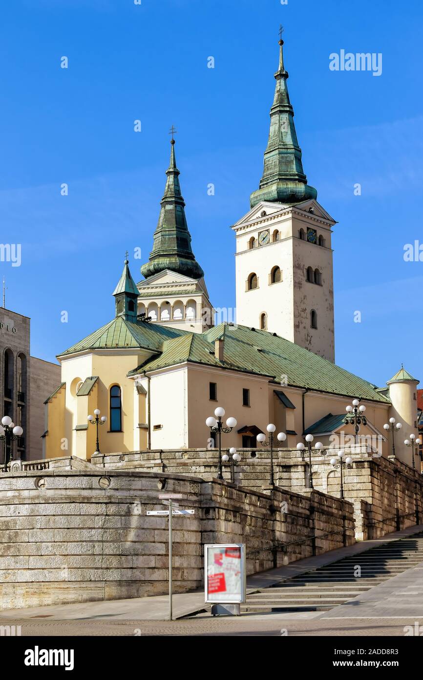 Holy Trinity Cathedral in Zilina, Slovakia - facade, in spring Stock Photo