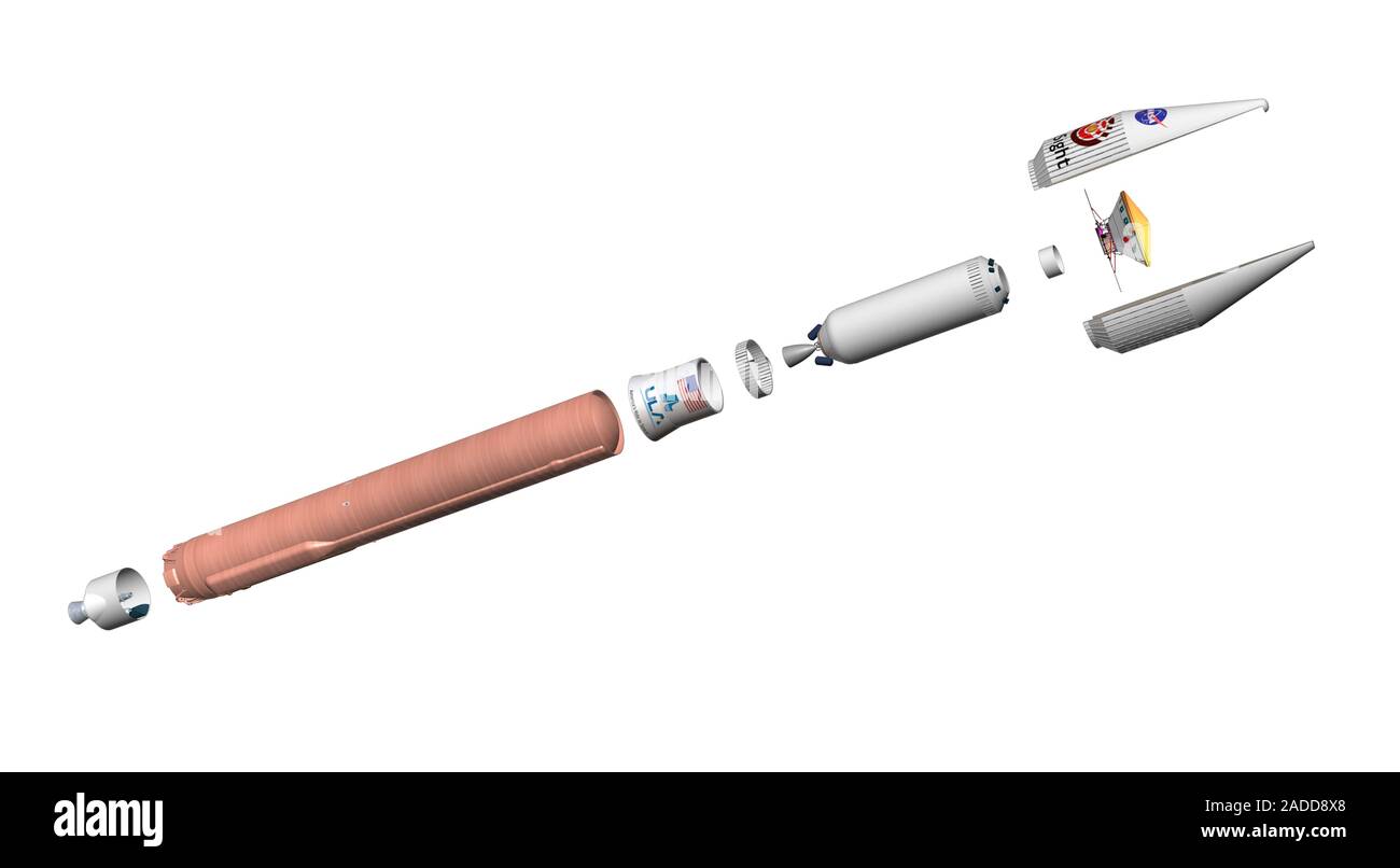 Atlas V rocket and Insight Mars lander. Exploded illustration of the stages making up the United Launch Alliance Atlas V configuration used to launch Stock Photo