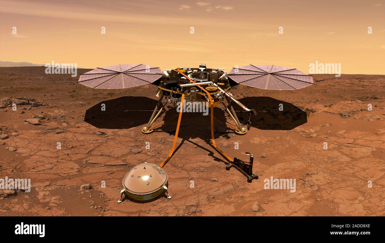 InSight lander on Mars. Illustration of NASA's InSight lander with its ...
