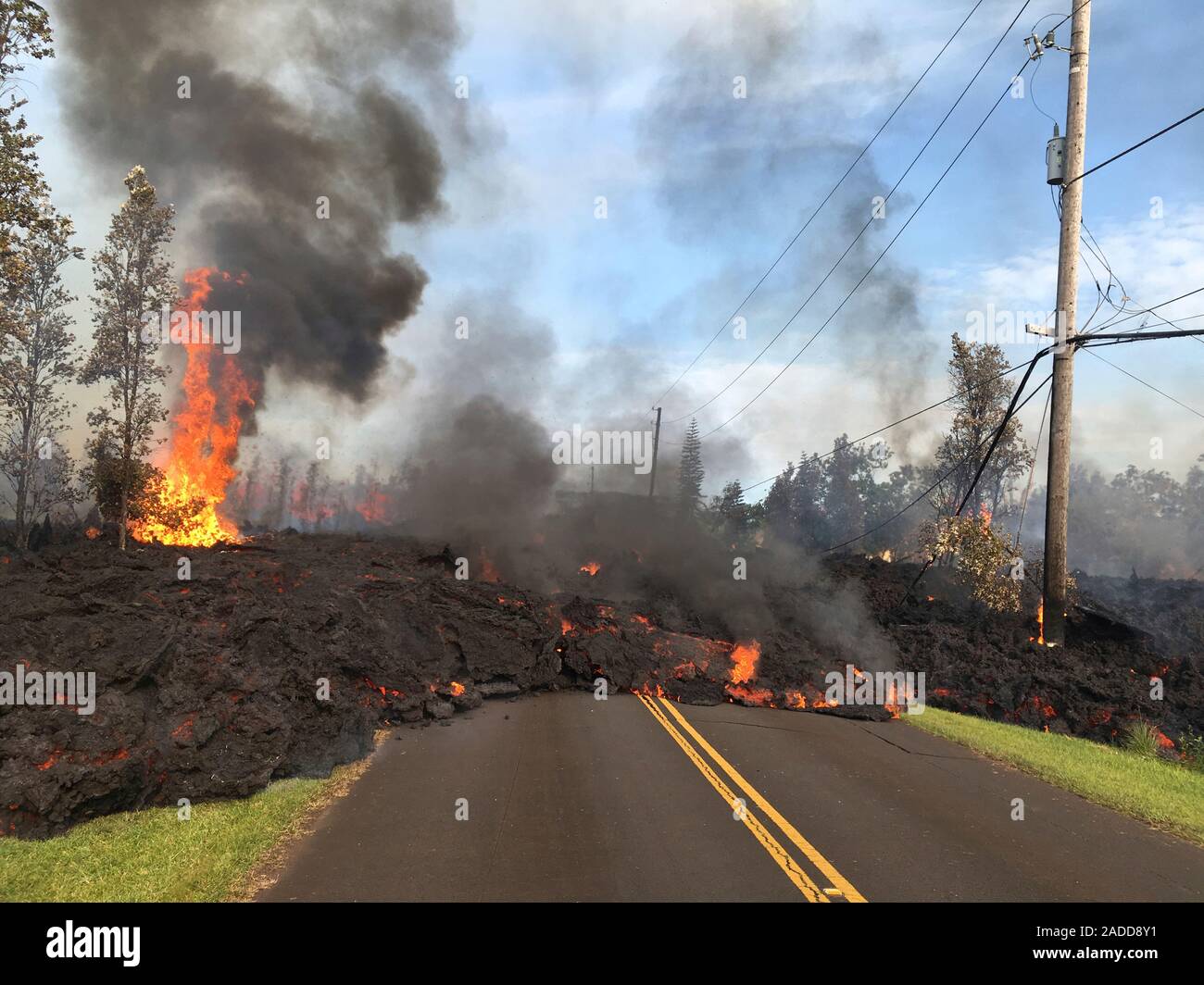 Lava flow due to Kilauea eruption, advancing across a road. Kilauea is ...
