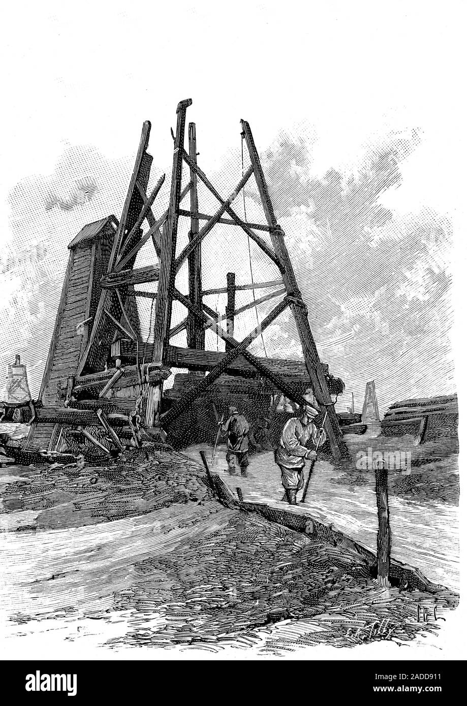 19th Century Russian oil exploration. 1890 illustration of workers at ...