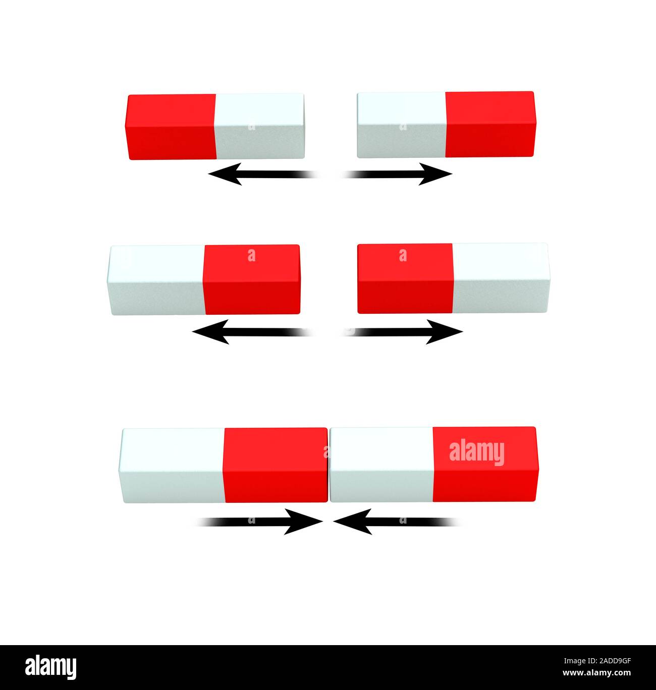 Interaction between magnetic poles. Illustration of bar magnets showing magnetic  attraction and repulsion (arrows) between the magnetic poles. Magneti Stock  Photo - Alamy