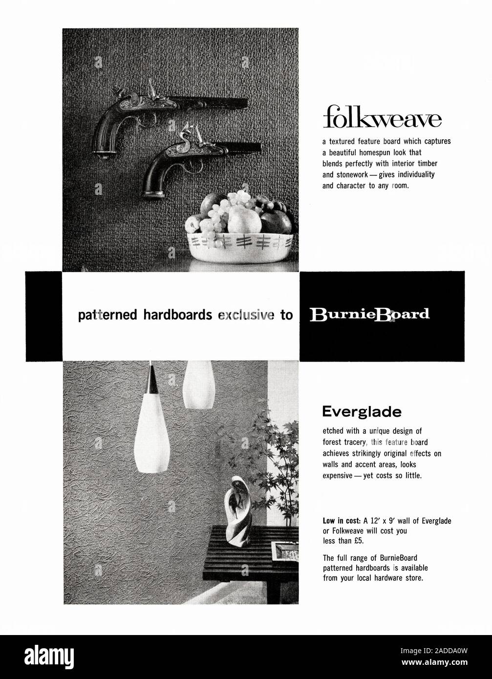 An advert for Burnie Board patterned hardboard wall panels - it appeared in an Australian magazine in 1962. The woven look is actually prefinished hardboard or masonite. The photographs show a woven pattern (Folkweave – rough cloth) and an organic (Everglade – forest vegetation) on the walls. Stock Photo