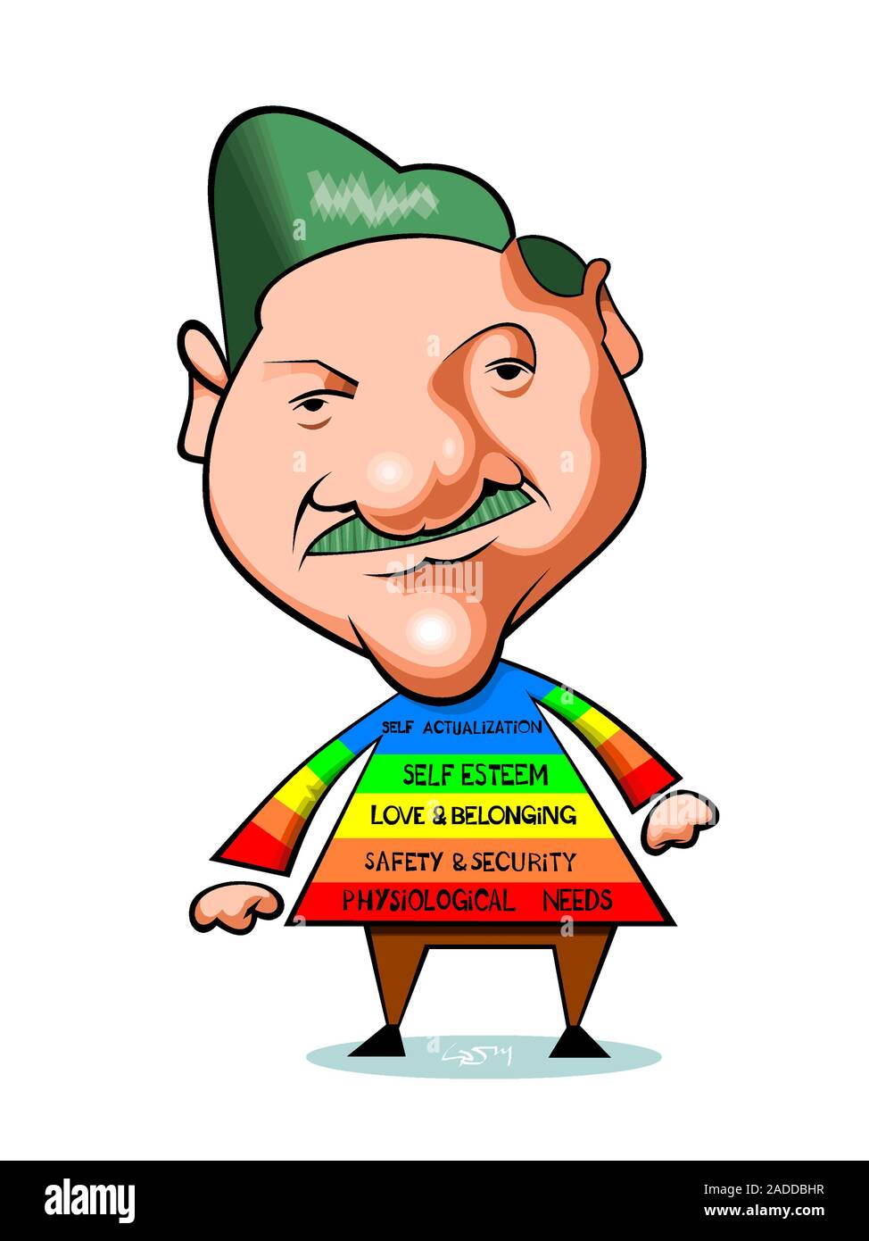 Caricature of the US psychologist Abraham Maslow (1908-1970) wearing a top outlining his 'hierarchy of needs'. Maslow is best known for creating Maslo Stock Photo