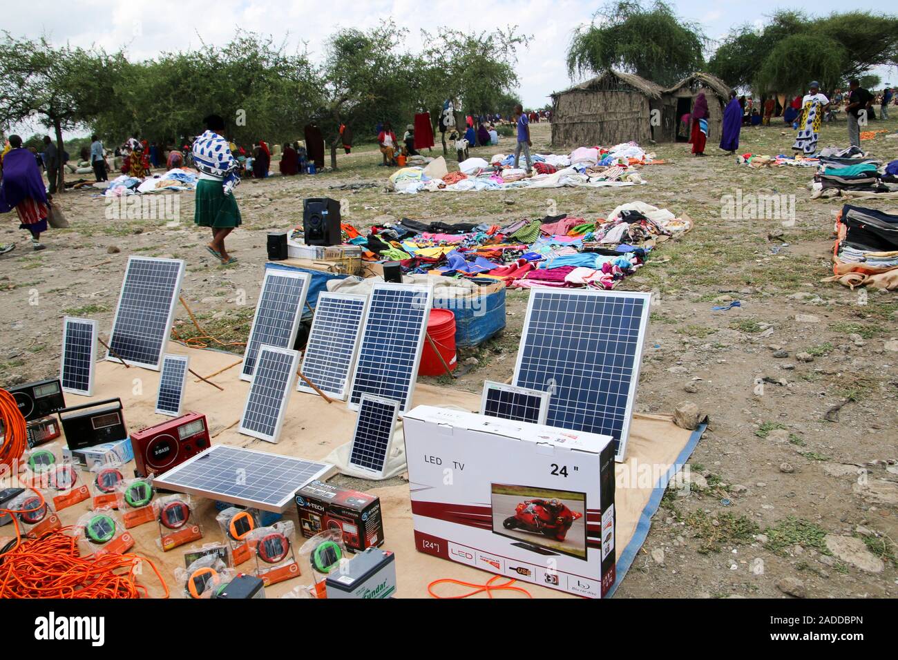 Solar panels for sale the the Maasai Market, Tanzania Stock Photo Alamy