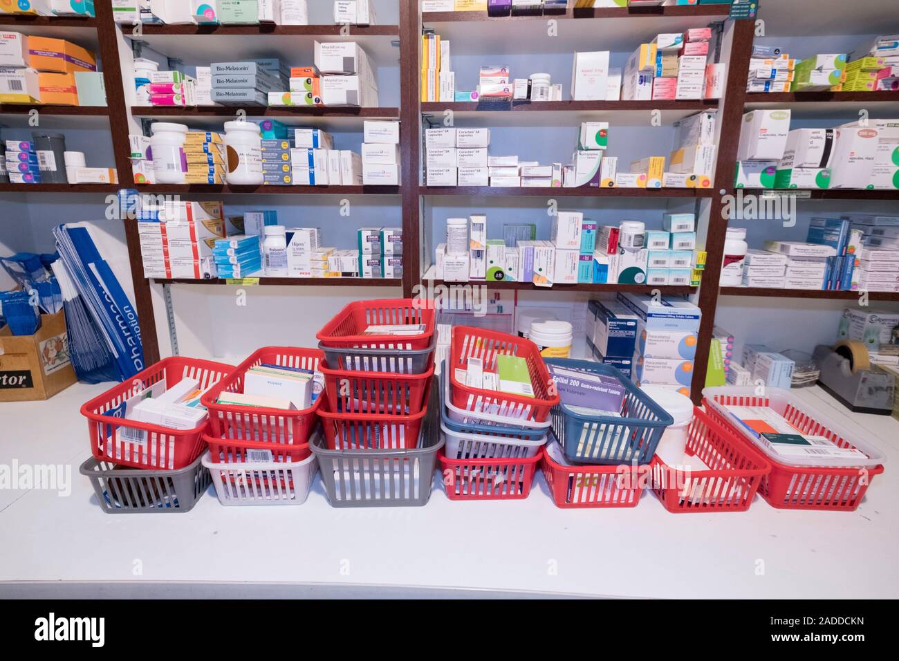 Pharmacy. Prepared prescriptions ready to be dispensed at a pharmacy