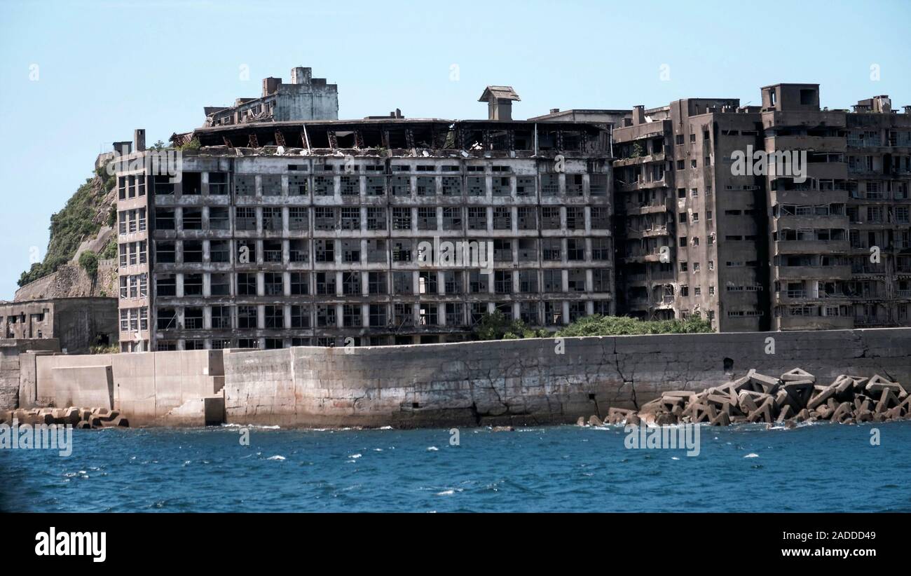 Hashima Ruined buildings on Hashima Island, Japan. This island, near Nagasaki ...