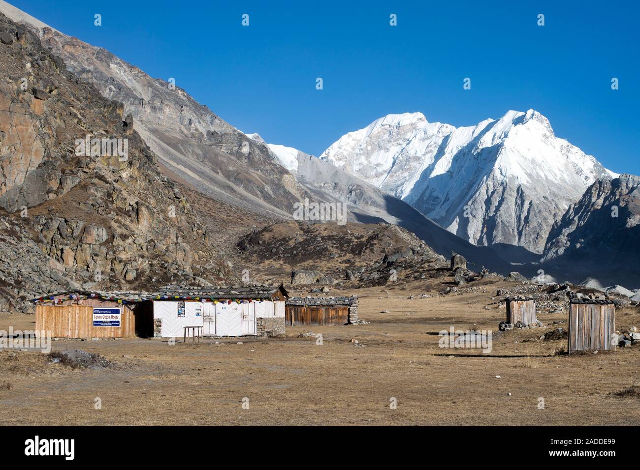 Lodges and huts of Lhonalk and (LR) Tent Peak (Kirat Chuli), Nepal