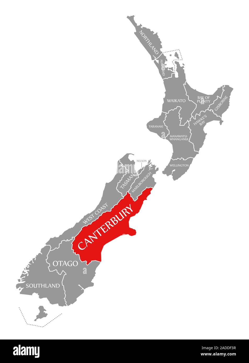 Canterbury red highlighted in map of New Zealand Stock Photo