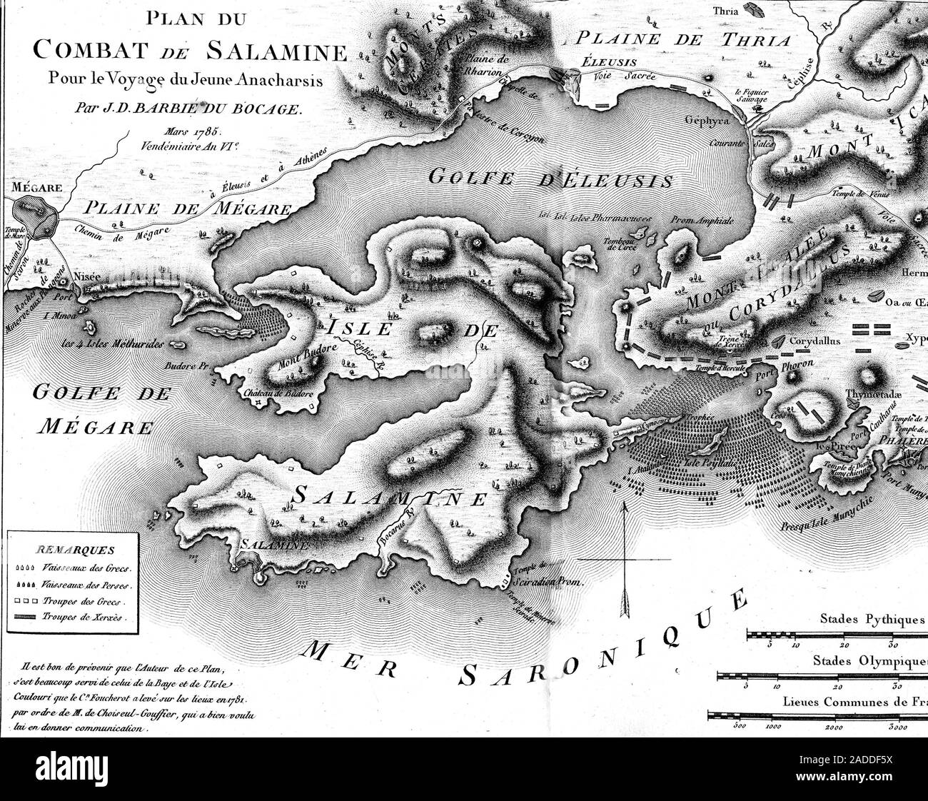 Historical map of the Battle of Salamis. 18thcentury illustration of a map from antiquity of