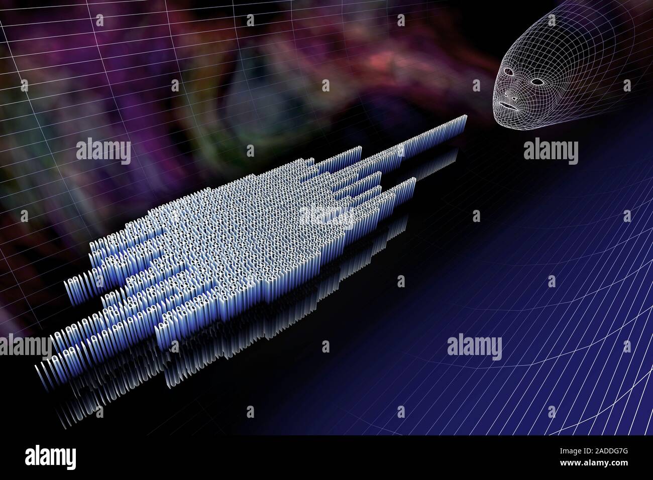 Artificial intelligence. Conceptual artwork of binary code (lower left) and a screen avatar (top right), representing concepts such as artificial inte Stock Photo