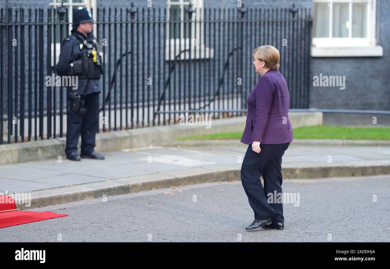German Chancellor Angela Merkel arriving in Downing Street for a meeting of NATO leaders, 3rd Dec 2019 Stock Photo