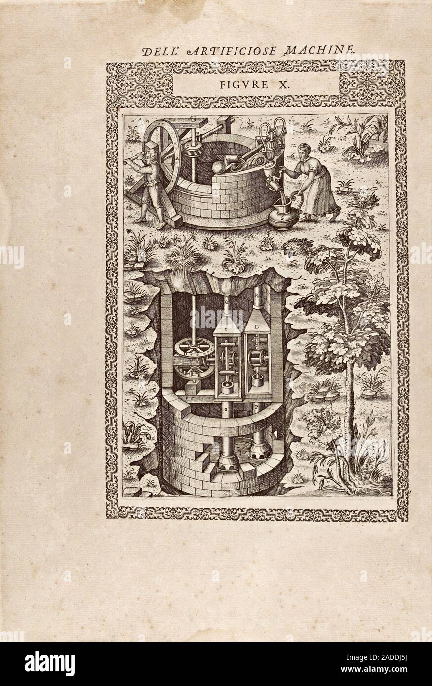 Water pump and well. 16thcentury illustration of a water pump powered