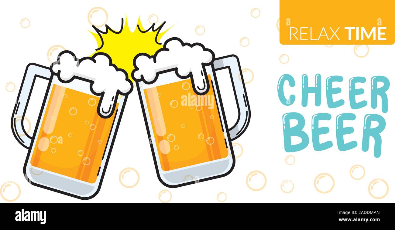 vector of two glass of beer clinking for celebration party with text relax time, cheer beer Stock Vector