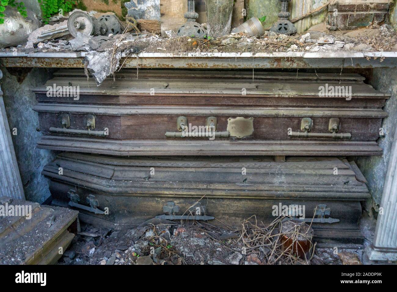 coffins displayed inside Mausoleums in La Recoleta Cemetery, Junin, Buenos Aires, Argentina, South America, Stock Photo