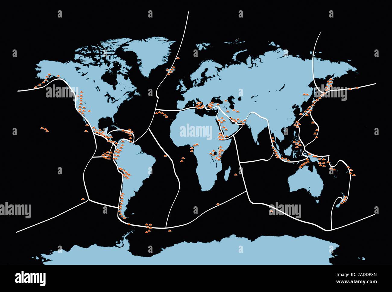 Earth's volcanoes and fault lines. Map of the Earth showing the location of volcanoes (orange) and the boundaries (white lines) of the tectonic plates Stock Photo