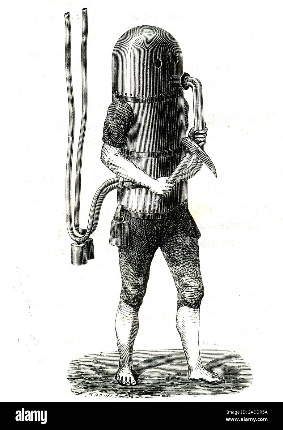 Klingert diving machine. 1887 illustration of a man in diving apparatus