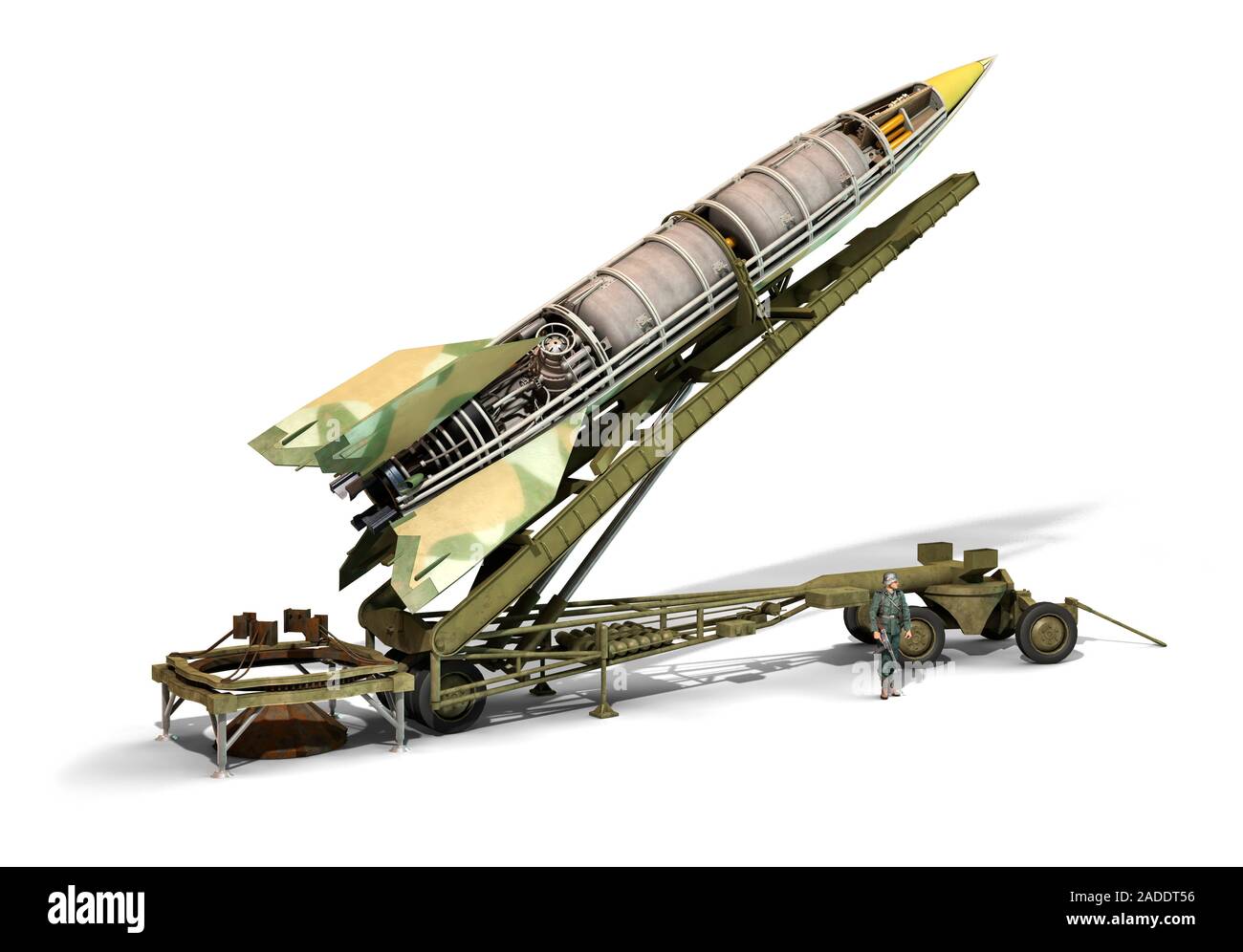 V-2 rocket missile and launcher, illustration. This rocket was designed ...