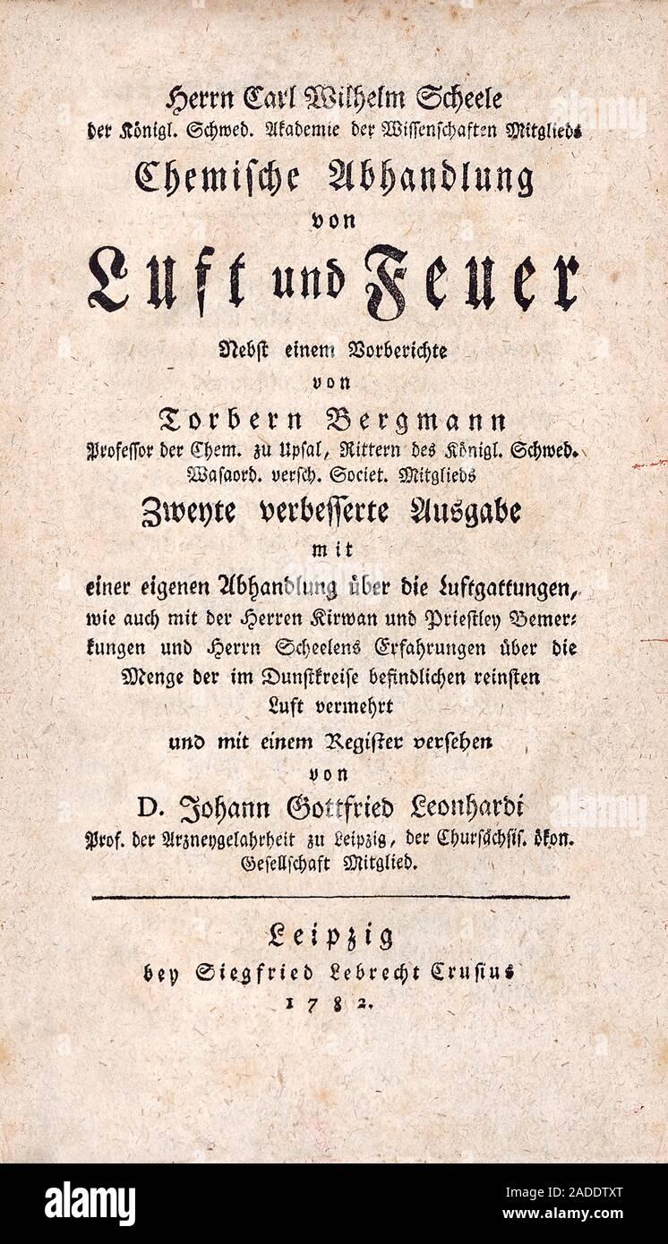 'Air and Fire' (1782) by Scheele. Title page of the 1782 edition of the book 'Chemische abhandlung von luft und feuer' by Swedish Pomeranian chemist C Stock Photo