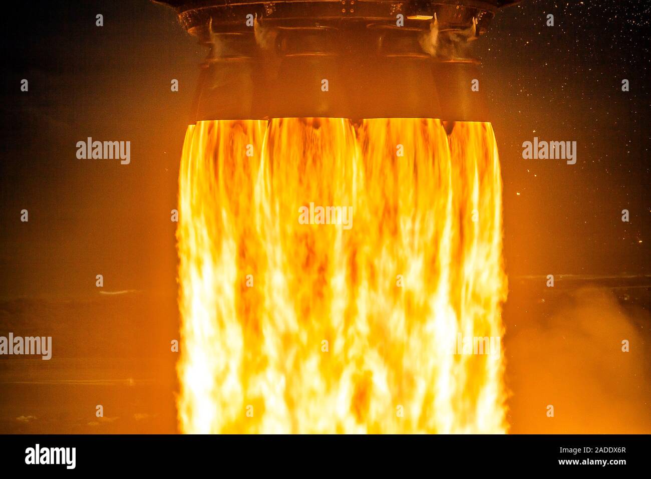 Falcon 9 rocket first stage engine burn. Closeup photograph showing