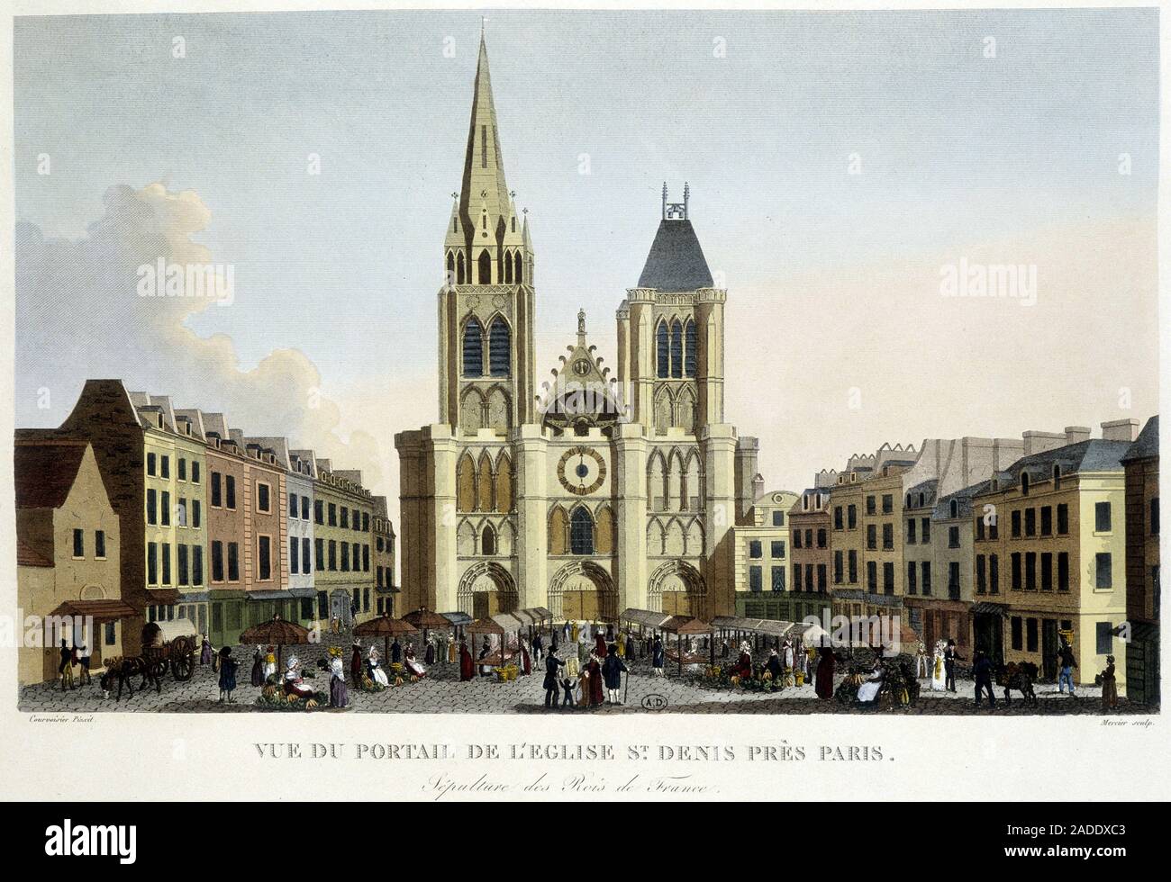 Vue du portail de l'eglise St Denis, pres de Paris, sepulture des rois de France, et marche sur le parvis - in 'Paris par Courvoisier', 1827 Stock Photo