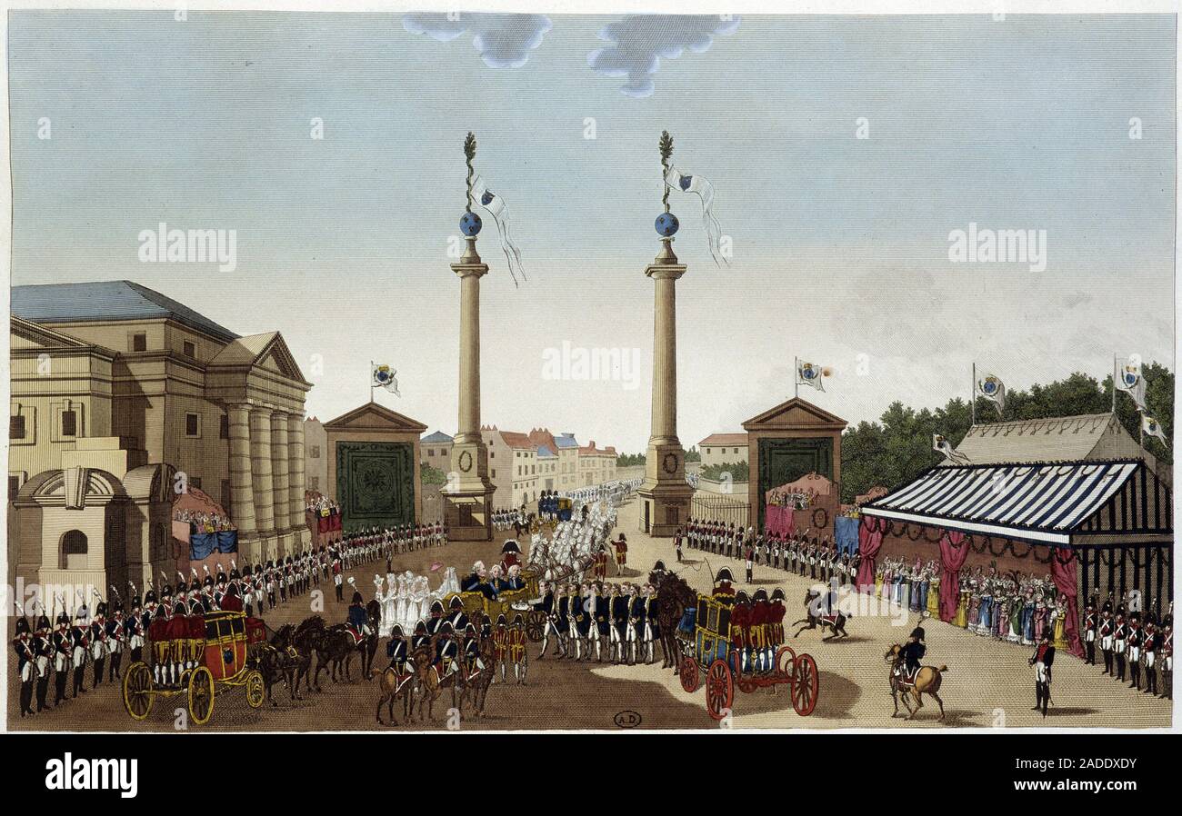 La barriere Saint-Denis lors de la remise des cles a Louis XVIII le 3 mai 1814 - in 'Vues de Paris' de Courvoisier 1827 Stock Photo
