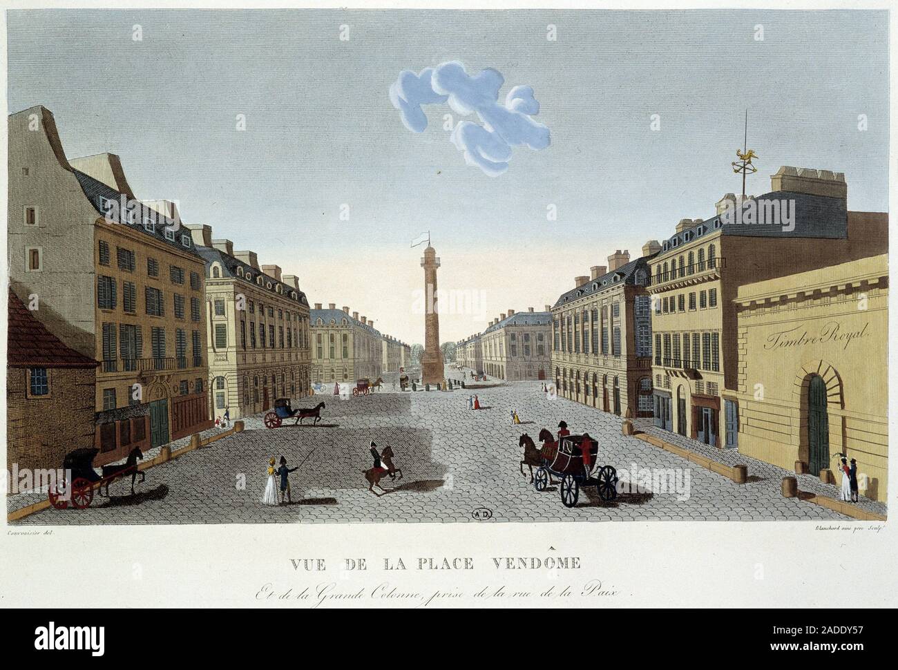 Place Vendome, vue de la rue de la Paix - Paris par Courvoisier, 1827 Stock Photo