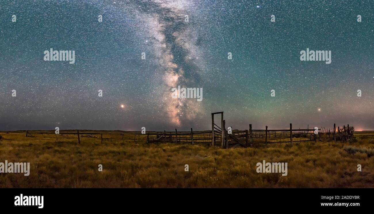 A partial panorama of the summer sky and Milky Way over the historic 76