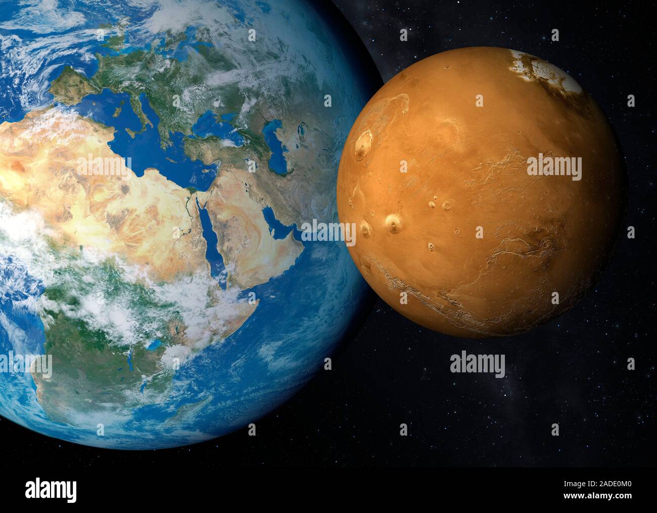 Mars is approximately half the diameter of Earth with a surface area only  slightly less than the total area of the Earth's dry land. Mars is less  dens Stock Photo - Alamy, image size:1300x1014