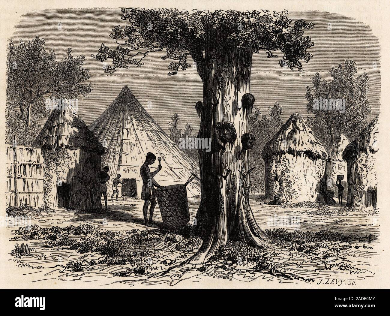 L'arbre de la guerre, dans un village Djour, region de Bahr-el-Gazal ( Bahr el Gazal) au Soudan, dessin de Karl Girardet (1813-1871) pour illustrer le Stock Photo