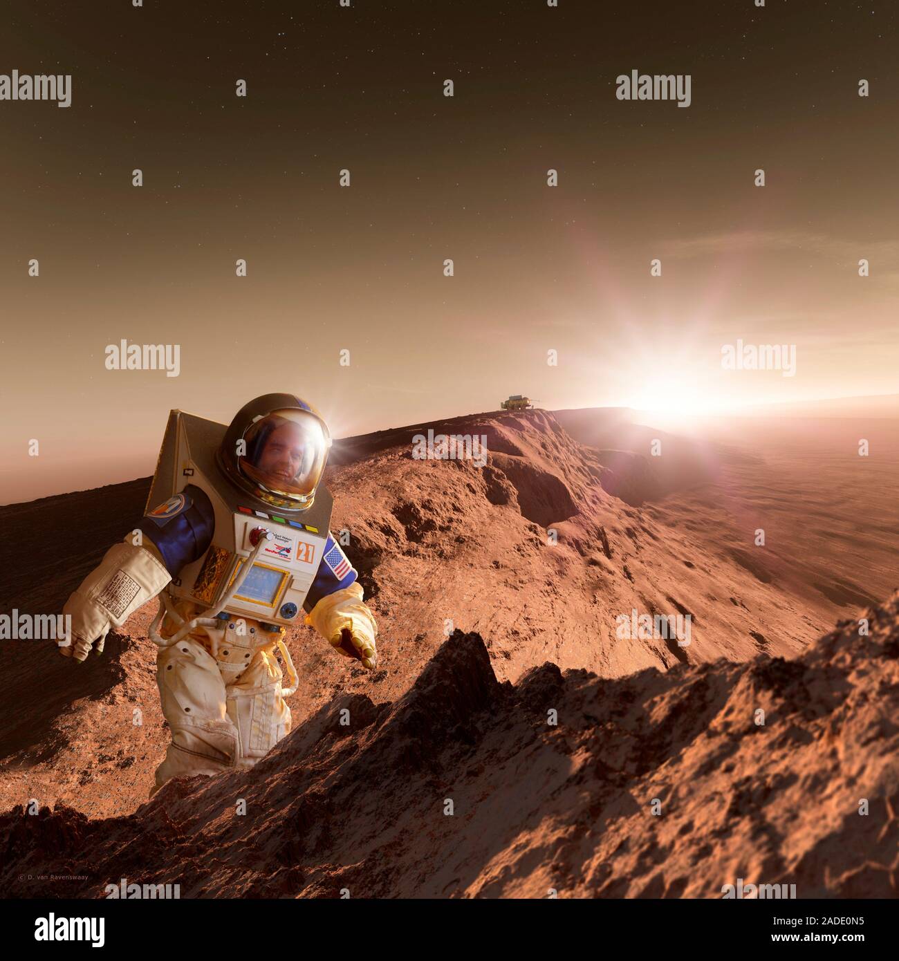Astronaut on Mars, illustration. Astronaut exploring the Martian ...