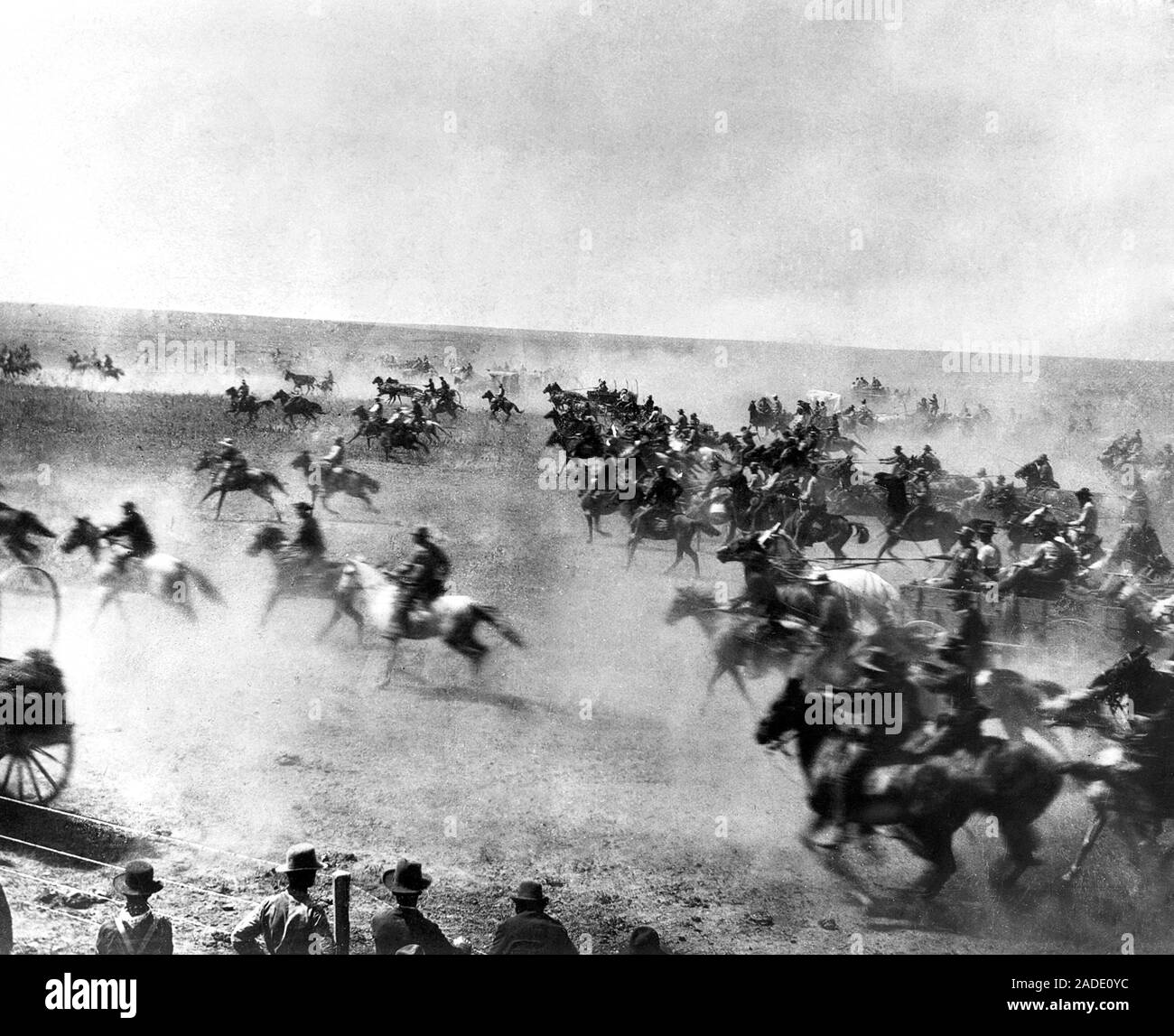 Cherokee Strip land run, 1893. Land runs in the USA were the allocation