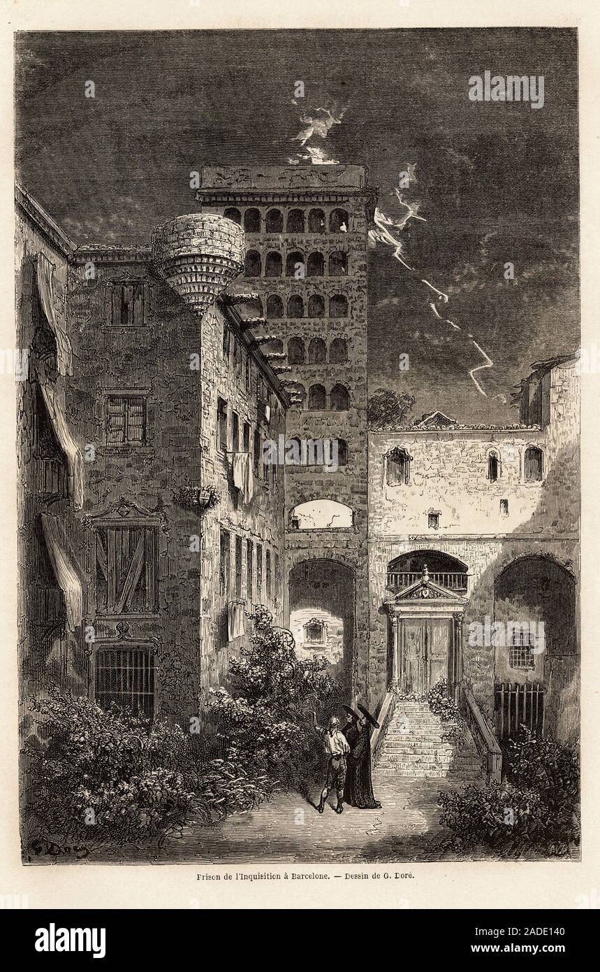 La prison de l'inquisition a Barcelone, dessin de Gustave Dore ( 1832-1883), pour illustrer son voyage en espagne, avec C. Davillier, en 1862. Gravure Stock Photo