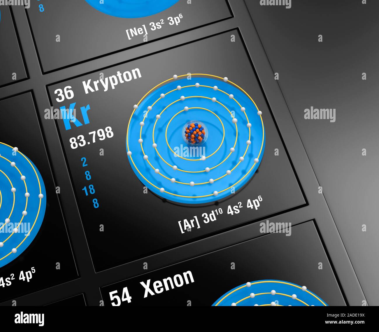 Krypton (Kr). Diagram of the nuclear composition, electron
